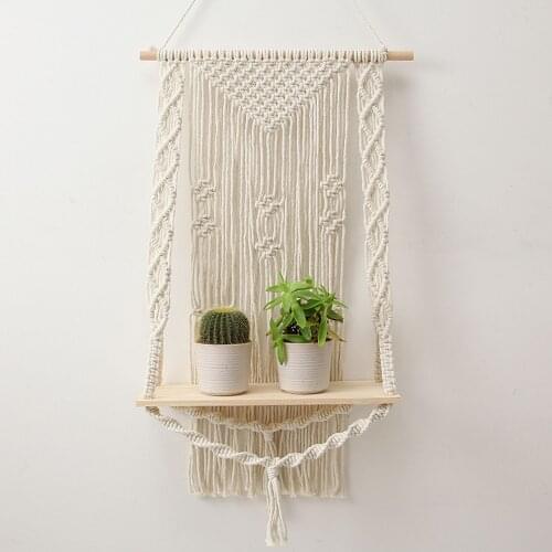 Bohemian Tapestry Rack Wooden Handmade Wall Hanging Rope Shelf Floating Plant Rack Stand Macrame Tapestry Home Decor Ornament