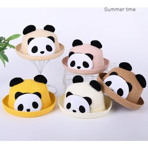2021 New Childrens Straw Hat Summer Panda Cartoon Sun Hat for Baby Girls Outdoor Fashion Outing Baby Sun Hat for Baby Boys