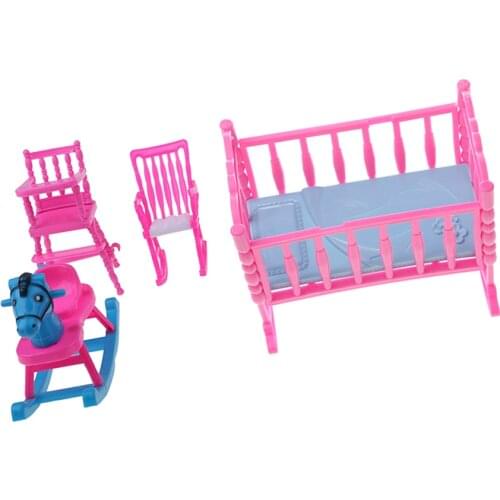 Pink Baby Rocking Bed + Baby Dining Chair + Rocking Horse + Baby Rocking Chair Nursery Room Accessory for Dolls House