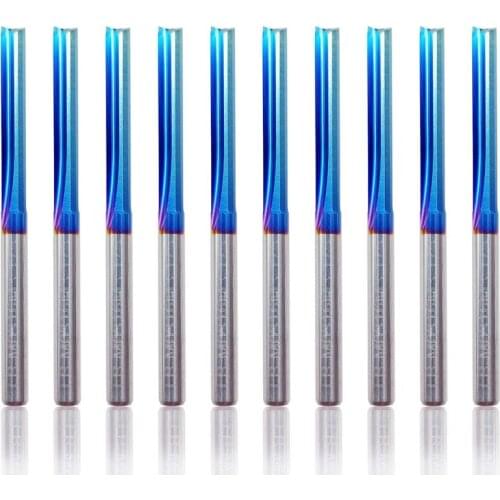 10Pcs 3.175 Shank Blue Coated Straight End Mill 2 Flute Carbide Milling Cutter for Wood MDF Plastic CNC Engraving Bit