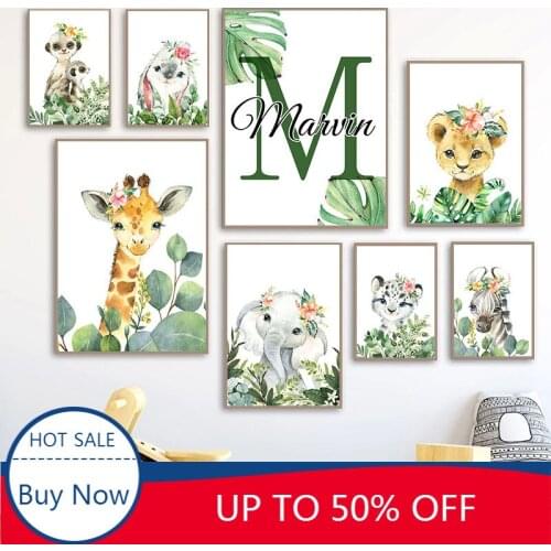 Canvas Painting Custom Baby Name Posters and Prints Giraffe Elephant Lion Zebra Wall Art Nordic Pictures Living Home Decoration