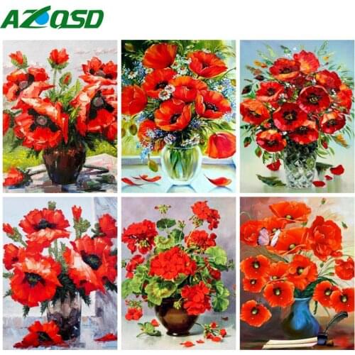 AZQSD Poppy Painting By Numbers For Adults Diy Acrylic Picture Oil Painting By Numbers Wall Art Handmade Gift Red Flower