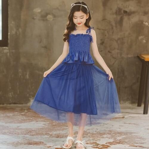 4 To 15 Years Children Clothing Set Teen Girl Sets Ruffles Tops And Long Skirts Clothes For Girls Fashion Suits Blue Holiday
