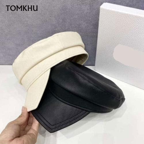 TOMKHU Harajuku Fashion Autumn Winter Military Cap Waterproof PU Leather Leisure Lady Octagonal Mens Hat Women Visors Cap Bape