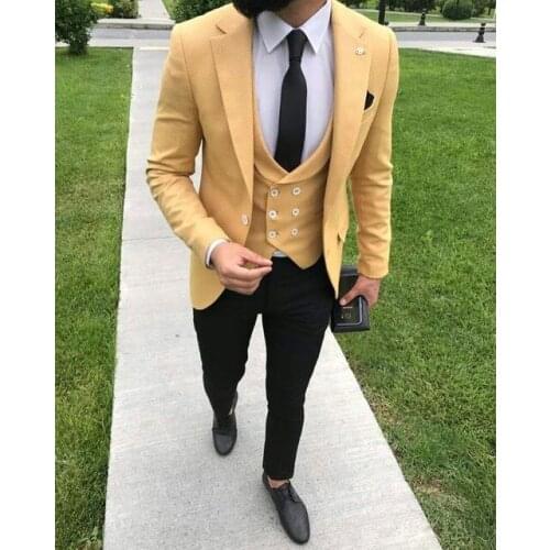 2020 Yellow Suit Men Blazer 3 Pieces Wedding Men Suit With Pants Vest Formal Terno Tuxedo Slim Fit Casual Jacket Costume Homme
