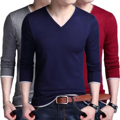 NIGRITY 2019 Autumn Casual Mens Sweater V-Neck Solid Color Slim Fit Knittwear Sweaters Mens Long Sleeve Pullovers Size M-3XL