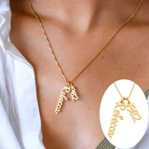 Personalized Custom Necklace Women Men Vertical Name with Year Number Necklace in Cursive Gold Stainless Steel Box Chain Jewelry