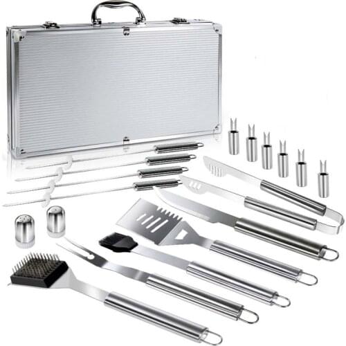 Barbecue Grilling Utensil Accessories Camping Outdoor Cooking Tools Kit Stainless Steel BBQ Tools Set with Aluminum Case
