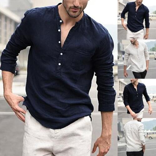 New mens loose cotton linen linen striped button down cotton shirt long sleeve fashion classic fall shirt mens top
