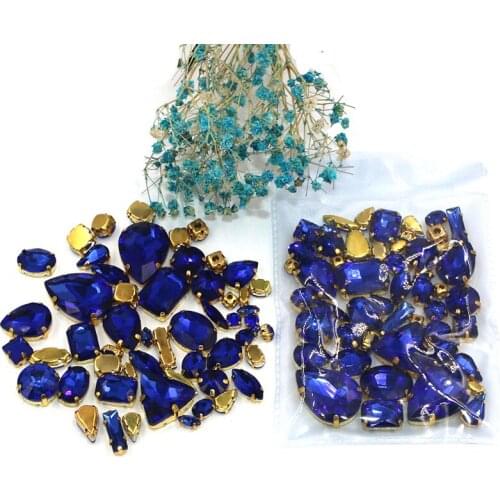 NEW 50pcs/bag mixed shape gold base glass rhinestones Royal blue flatback sew on rhinestones diy clothing accessories