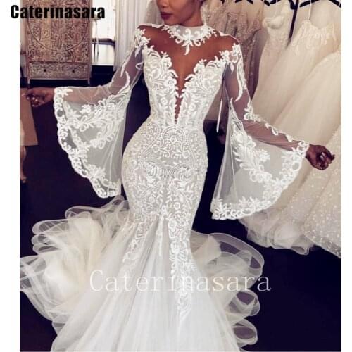 Illusion High Neck Flare Sleeves Organza Mermaid Wedding Dress Trumpet Bridal Gown Custom Made CT033