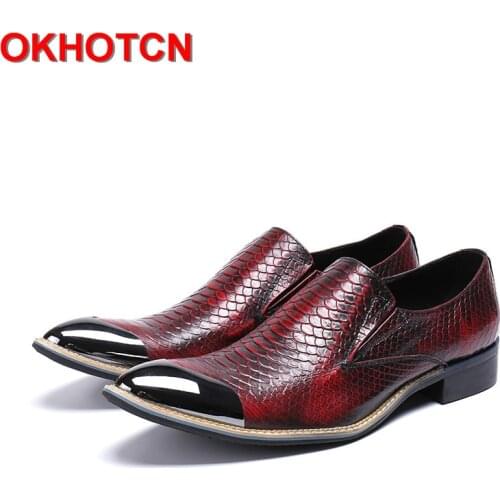 Genuine Leather Business Shoes Red Iron Toe Shoes Men Snakeskin Pattern Mens Pointed Toe Dress Shoes Slip On New Men Party Shoes