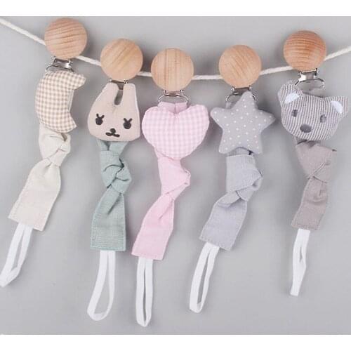 Baby Pacifier Clip Infant Newborn Cotton Cartoon Wooden Pacifier Chain Eco-friendly Nipple Soother Dummy Holder Christmas Gift