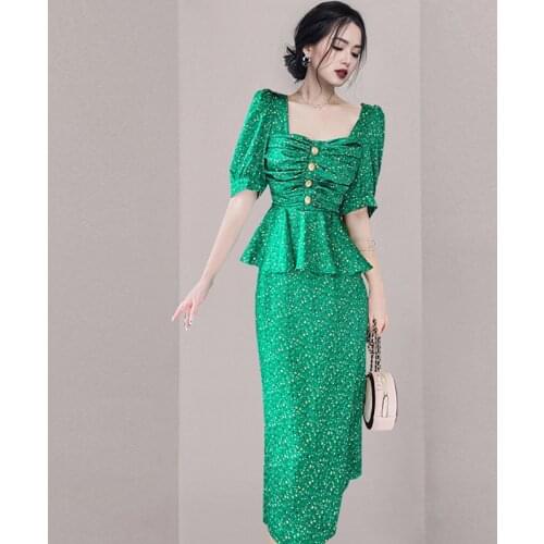 Summer Elegant 2 Pieces Set Women Puff Sleeve Ruffle Print Shirts Top+Chic High Waist Sheath Pencil Skirts Office Lady Skirt Set