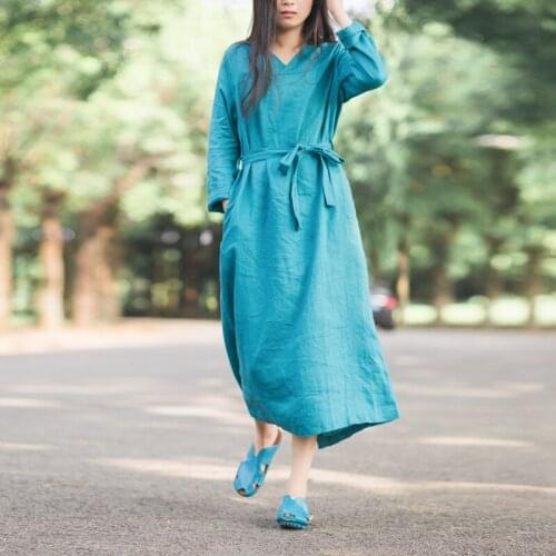 Women Autumn Spring Linen V neck Robe Dress Ladies Vintage Flax Dresses Female 2019 Retro Solid Color Loose Dress