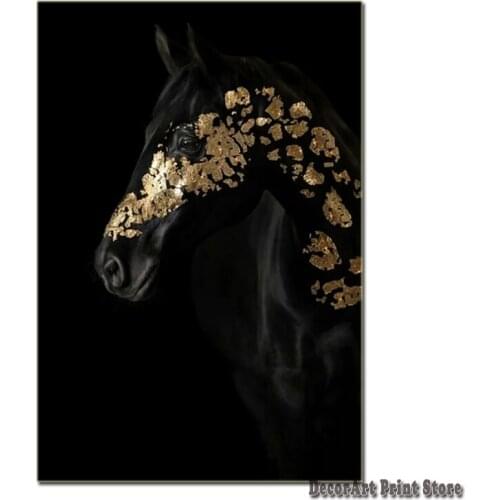 Gold Leaf Black Horse photography Canvas Prints Painting for Living Room Light luxury Animal Poster Room Wall Decoration