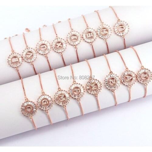 10Pcs Rose Gold Color 26 Alphabet Letter Bracelet Copper Micro Pave CZ Zirconia Round Charm Bracelets Fashion Jewelry