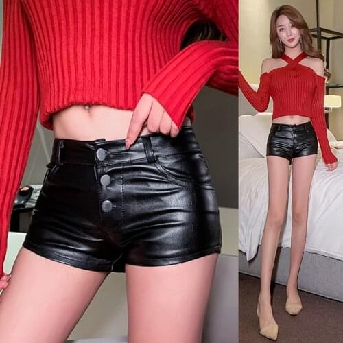 2020 autumn and winter sexy breasted tight PU leather shorts bottoming low-waist straight-leg boots outer wear bag hip DK530
