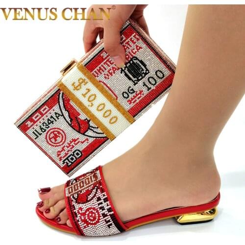 2021 Italian Design red Color Colorful Crystal Decoration Style African Ladies Shoes and Bag Set for Party Wedding