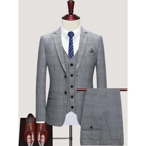 2021 Mens Boutique Suit Slim Fit Wedding Suits Grey Plaid Men High Quality Wedding Business Formal Suits Elegant Two Piece Set