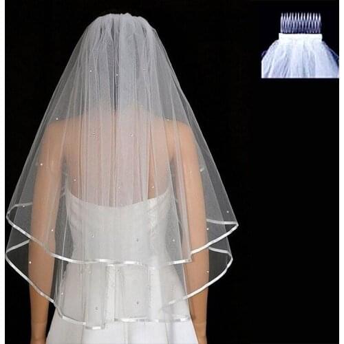 White Ivory 2t Bridal Wedding Veil with Comb Diamante Elbow length Satin Edge