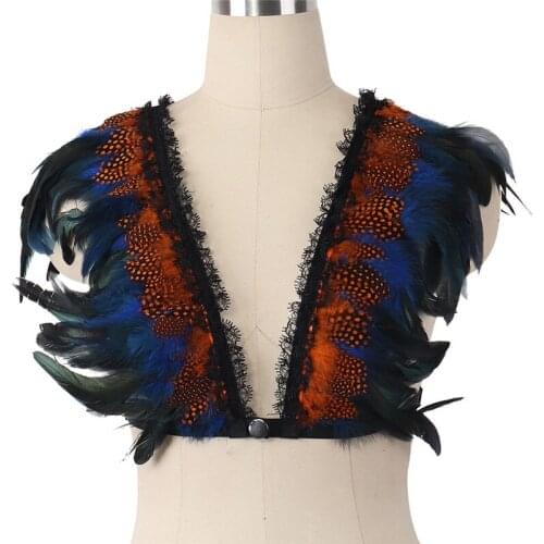 Coseplay feather badge dark blue Body Harness top Shawl cape feather Goth Gypsy Feather Wedding Wing Festival Rave Feather