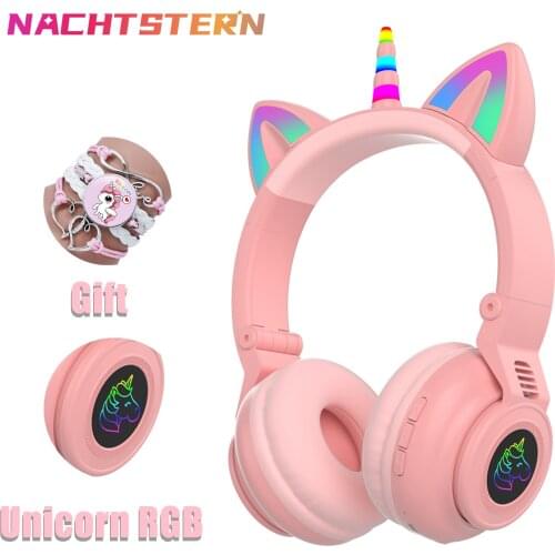 RGB Unicorn Kids Wireless Headphones With Mic,Control RGB Light Girls Music Stereo Earphone Mobile Phone Childrens Headset Gift