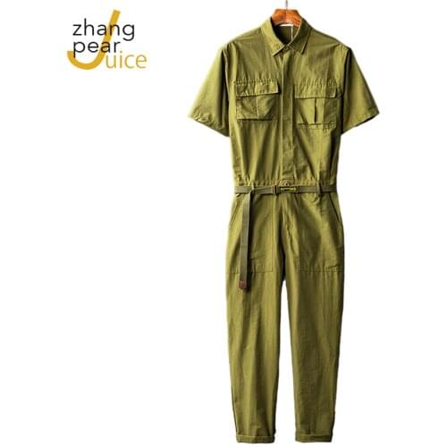Mens Army Green Jumpsuit Solid Color Short Sleeve Comfortable Leisure Men Rompers S-5XL Plus Size Jumpsuit