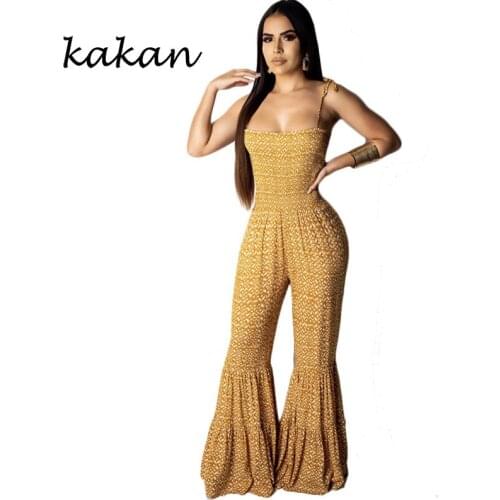 Kakan summer new womens print one-piece tights bohemian casual sling halter jumpsuit big horn jumpsuit