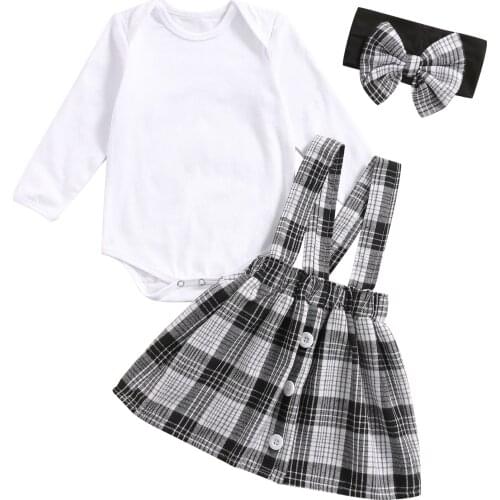 Infant Baby Girls 3Pcs Clothes Set, White Solid Color Romper and Plaid Printed Pattern Suspender Skirt