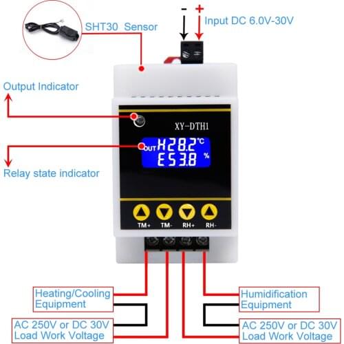 Temperature Humidity Controller -20C to 60C 100%RH SHT30 Sensor Module 10A Relay Output for DIN Rail