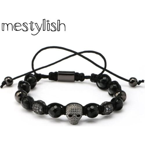 Mestylish Natural Black Faceted Onyx Stone White CZ D Skull Braided Bracelet European American Weaving Mens Bracelets