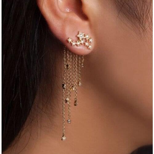 Fashion Long Stud Earrings for Women Girls Ins Trendy Zircon Shining Star Tassels Back Hanging Earrings Party for her