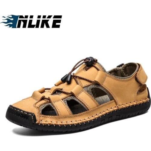 Big Size Genuine Leather Mens Sandals Leather Men Summer Shoes 2019 Flat Beach Sandals