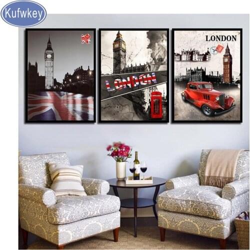 Kufwkey diamond painting full square,London England Flag And Building Nordic Diamond Embroidery,pictures mosaic diamond,art 3pcs