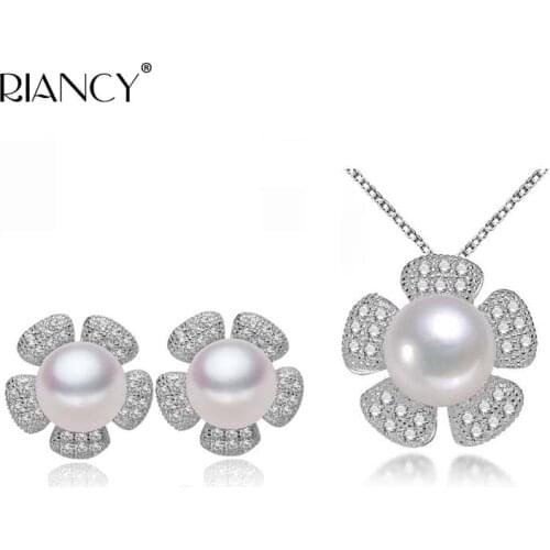 Real natural freshwater big pearl necklace earrings sets,925 sterling silver chain jewelry sets for mother anniversary gift