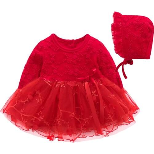 2020 baby dress red new long-sleeved lace hoodie newborn cotton princess