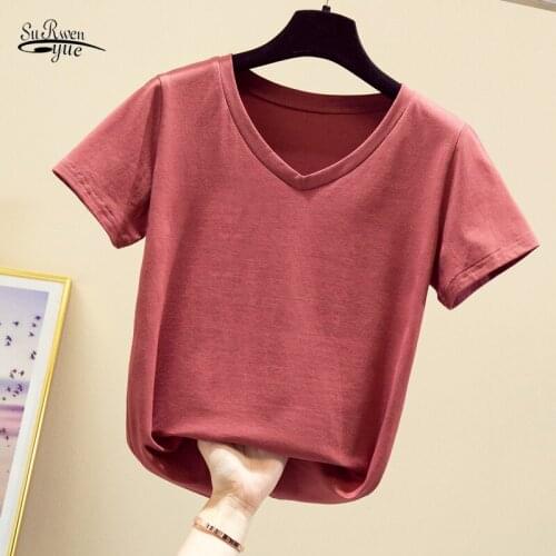 Casual Plus Size Tshirt 2020 Summer Women Cotton T Shirt New Solid 8 Colors V-color Short Sleeve S-5XL Shirts Ladies Tops 9486