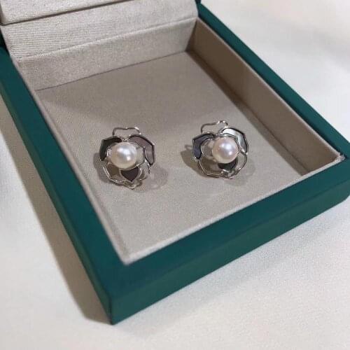 Silvern Earrings with Natural Seawater Akoya Pearls, Camellia made with Black Butterfly Fritillaria Earrings for women Jewelry