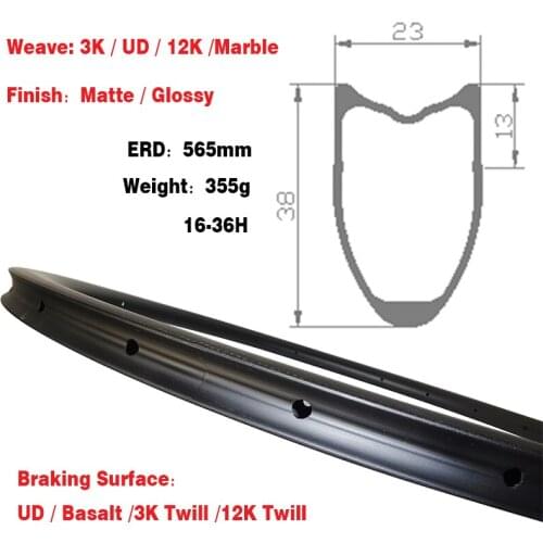 355g Super Light Road Rim Tubular ERD 565MM Carbon Rim 700C Wheel Road Bike Rim 16-36 Holes Road Bicycle Rim for Disc / V brake