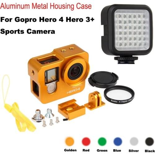 Hero 4 Hero 3+ Aluminum Alloy CNC Protective housing case Shell+Lens filter+ flash light for Gopro hero4 3+ camera accessories
