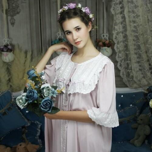 Royal Autumn Cotton Vintage Womens Long Nightgowns Half Sleeve Elegant Long Sleep Dress Female Sleepwear Large Size 005