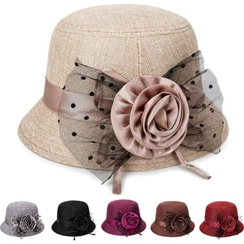 Womens Polka Dot Mesh Flower Bowler Bucket Hat Outdoor Sun Visor Basin Cap For Women Hat Fashion Bow-Knot Cap Vintage Elegant