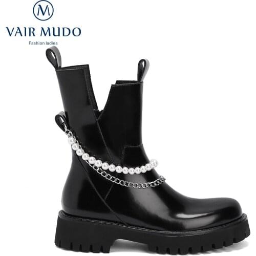VAIR MUDO Women Ankle Modern Boots Round Toe Black Platform Autumn Winter String Bead Shoe Women Thick Bottom Footwear WM-X175-C