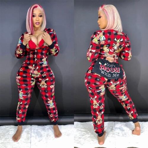 Womens Christmas Jumpsuit Long-sleeved Trousers Plus size XXL Romper Zipper Button Opening Playsuit Warm Overalls Pajama