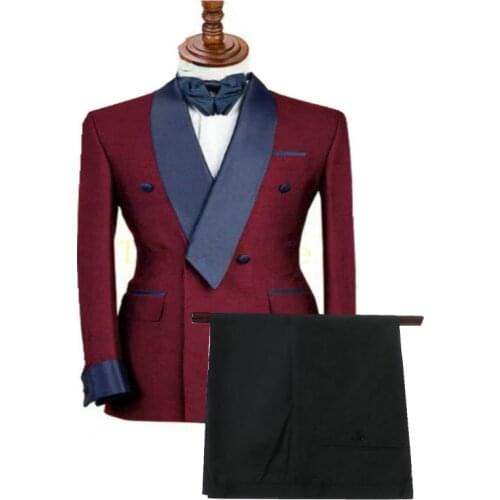 New Fashion Burgundy Smoking Jacket Navy Blue Shawl Lapel Formal Double Breasted Wedding Tuxedos Dinner Party Prom Suit Blazer