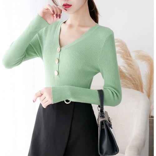 2021 Spring Winter Knitted V-neck Korean Sweater Women Long Sleeve Bottom Pullover Slim Solid Women Knitwear Office Lady 10918