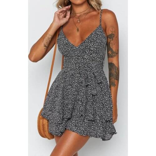 Women Summer Dress Deep V-Neck Sleeveless Dot Print Cascading Ruffle Bandage Mini Strap Dress Party vestidos verano 2021 NEW