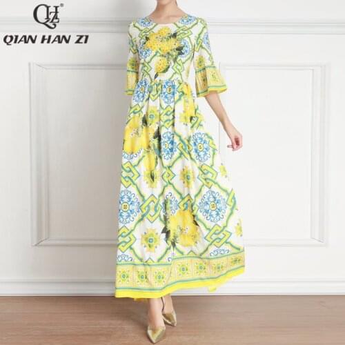 Qian Han Zi fashion runway Maxi dress Women flared sleeves pattern vintage Lemon print Crystal bead Elegant holiday Long dress