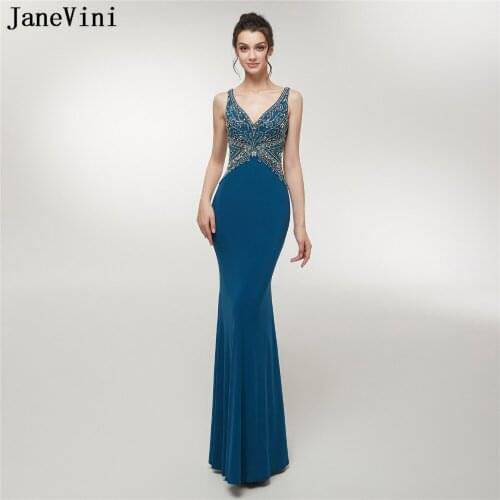 JaneVini 2018 Luxurious Beaded Crystal Satin Bridesmaid Dresses Floor Length V Neck Backless Mermaid Sexy Long Prom Party Gowns